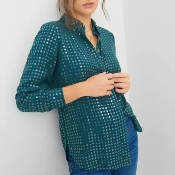 NWT!! Anthropologie Teal Pilcro Sequined Sequin Button Up Top M - Picture 1 of 6